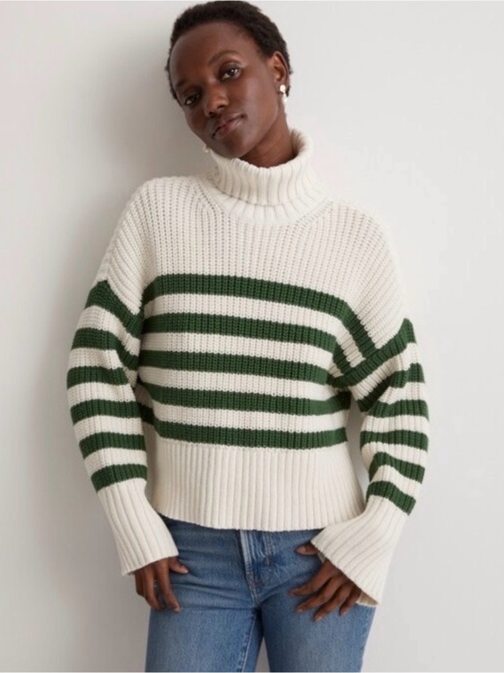Madewell chunky knit turtleneck sweater green striped size small